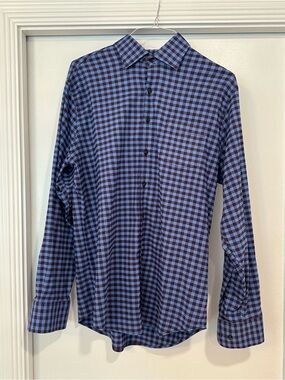 Peter Millar L Men's Blue and Black Check Button-Up Shirt